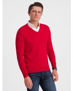 Men's sweater with a "v-neck" neckline with a shirt collar - red V4 OM-SWSW-0102